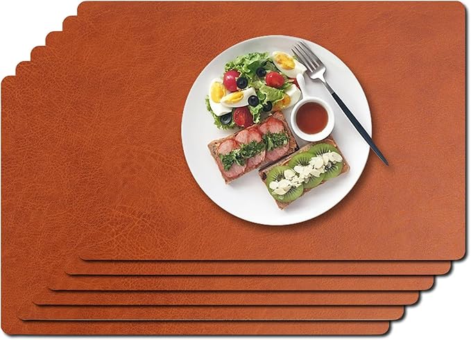 Vinyl Placemats Set of 6-12×17.7 Inch Waterproof & Heattable Placemats, Fall Faux Leather Wipeable Outdoor Table Mat for Dining, Kitchen, Indoor Outdoor Use(Camel, Cowhide Grain)