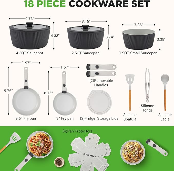 NutriChef 18-Piece Ceramic Cookware Set with Detachable Handles, Non Stick Pots and Pans, PTFE-Free Natural Ceramic Coating, Space-Saving Design, Oven & Stove Safe, Includes Utensils