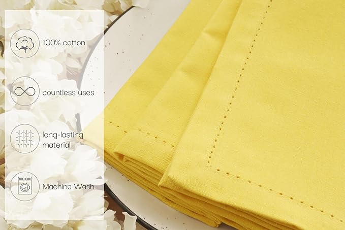 PurpleEssences Set of 12 Hemstitch Cloth Dinner Napkins 100% Cotton - Soft Durable Washable - Ideal for Wedding Fall Thanksgiving - Perfect Everyday Use Table Linen 18x18 - Yellow