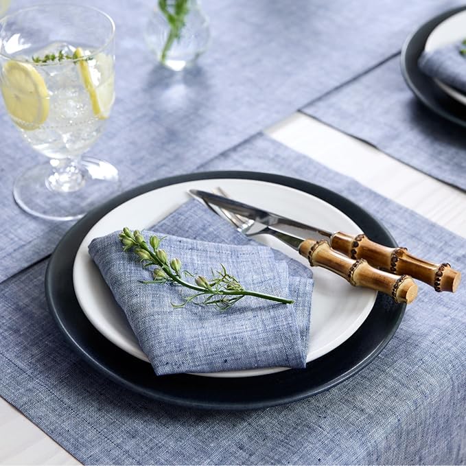 Solino Home Linen Cloth Napkins Set of 4-100% Pure Linen Chambray Indigo Dinner Napkins 20 x 20 Inch - Athena, Handcrafted and Machine Washable - Christmas, Holiday, Winter