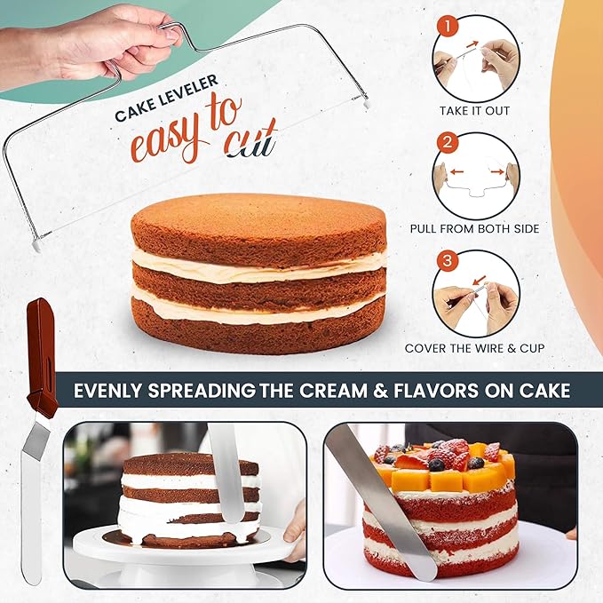 RFAQK 100pcs Cake Pan Sets for Baking + Cake Decorating Supplies: 3 Non-Stick Springform Pans Set (4, 7, 9 inches), Icing Tips, Cake Leveler – Multi-functional Leak-Proof CheeseCake Pan & eBook