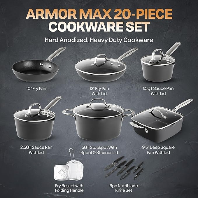 GRANITESTONE 20 Pc Hard Anodized Induction Cookware Sets, Kitchen Pots and Pans Set Non Stick, Anodized Kitchen Cookware Sets, Nonstick Cookware Set, Non Stick Pots and Pan Set, Oven & Dishwasher Safe