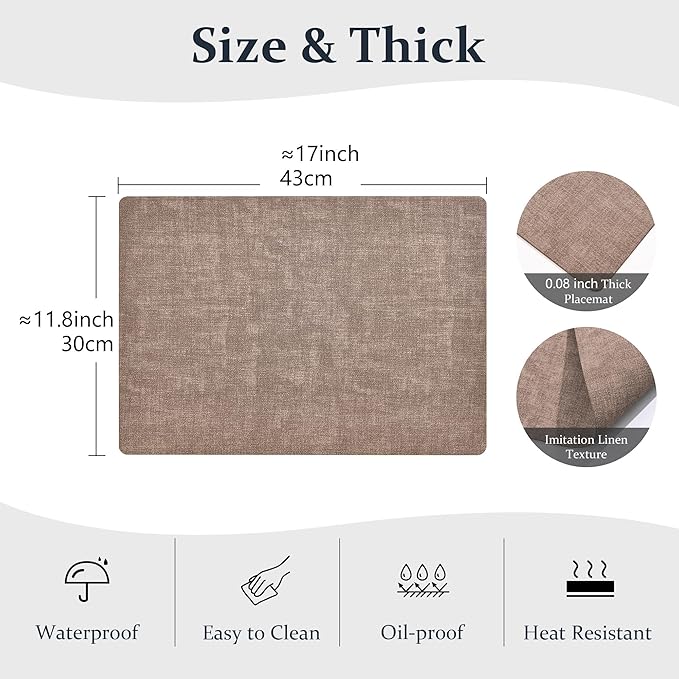 FROMHEART Faux Leather Placemats Set of 6–Waterproof,Heat/Oil Stain-Resistant PU Table Mat–Reversible,Non-Slip,Easy to Clean Place Mats for Kitchen,Dining,Indoor/Outdoor,(Dark Coffee,11.8" x 17")