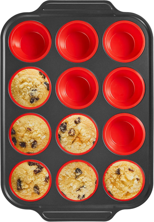 BRONYPRO Silicone Muffin Pans for Baking with Metal Frame, Egg Bite Molds, Cupcake Pans 12 Regular Size, Muffin Tins Easy to Pop Nonstick Non Toxic Bakeware for Oven, Red