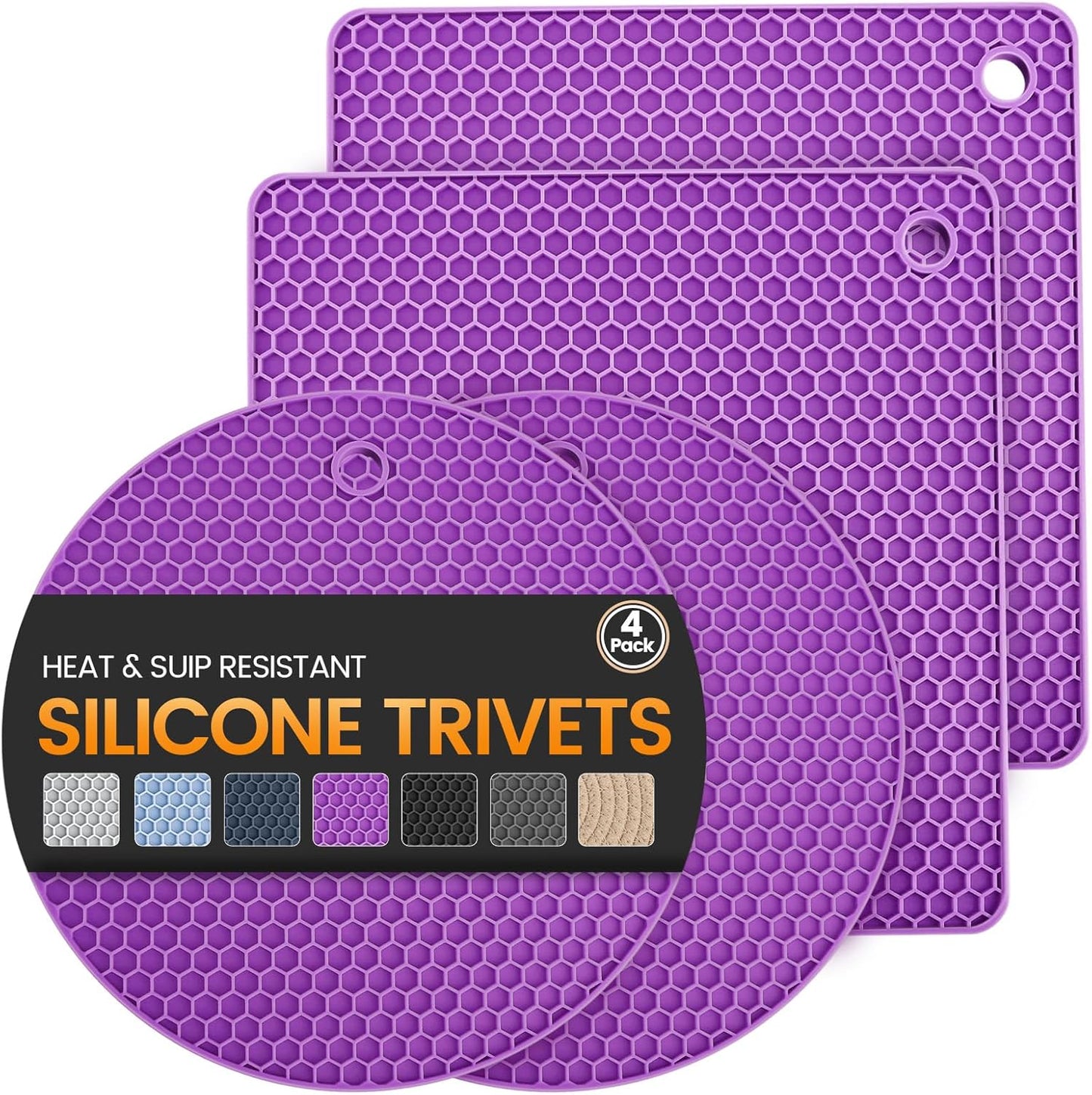 Silicone Trivet Mats 4 Heat Resistant Pot Holders Multipurpose Non-Slip Hot Pads for Kitchen Potholders, Drying mat, Jar Opener, Spoon Holder, Coaster(Violet)