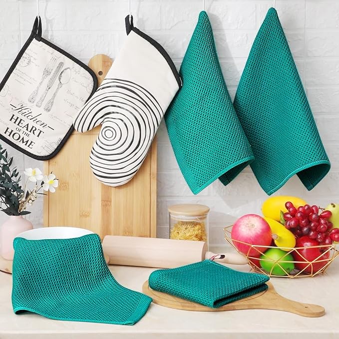 Homaxy 100% Cotton Waffle Weave Kitchen Dish Cloths, Ultra Soft Absorbent Quick Drying Dish Towels, 12 x 12 Inches, 8-Pack, Teal