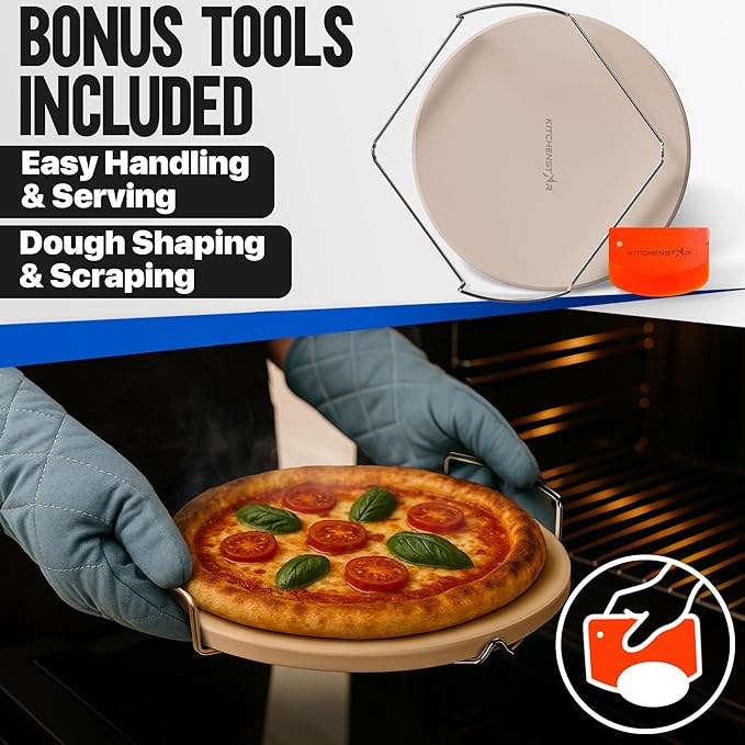KitchenStar 14-inch Pizza Stone for Oven and BBQ Grill with Handles, Round, 5/8" Thick - Natural Cordierite, 1800 °F Resistant, Baking Stone Set with Stainless Steel Rack & Plastic Scraper Tool