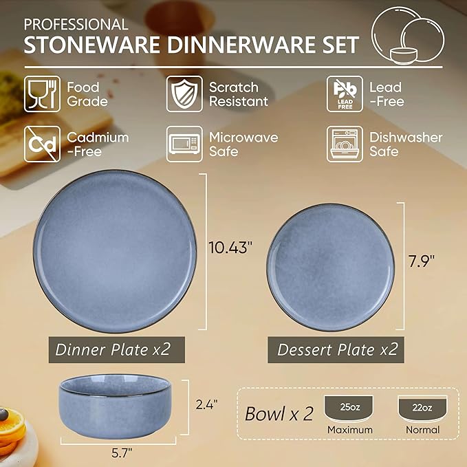 Herogo 6-Piece Stoneware Dinnerware Set for 2, Stackable Dinner Plates and Bowls Sets, Double Reactive Glaze Dishware Place Setting for Kitchen, Scratch Resistant, Microwave Safe, Haze Blue
