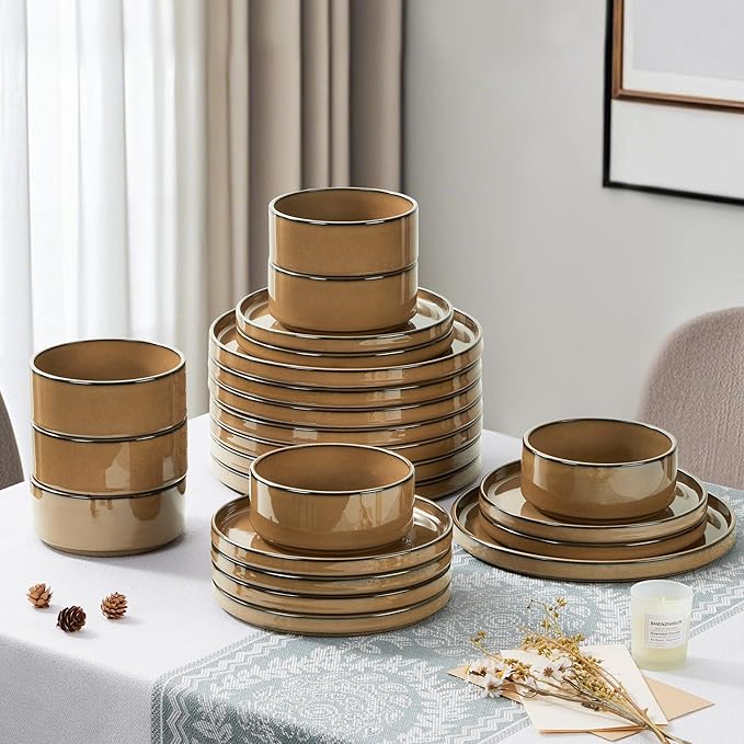 LIANYU 24 Piece Stoneware Dinnerware Sets, Modern Plates and Bowls Dishes Set for 8, Elegant Dinning Dishware for Dinner Salad Cereal, Dishwasher & Microwave Safe, Amber Gold