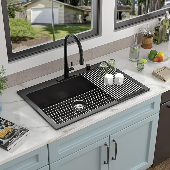33 Granite Composite Kitchen Sink - Fulorni 33"×22" Granite Kitchen Sink Drop In Topmount Matte Black Quartz Classic Over Mount Single Bowl Sink Basin