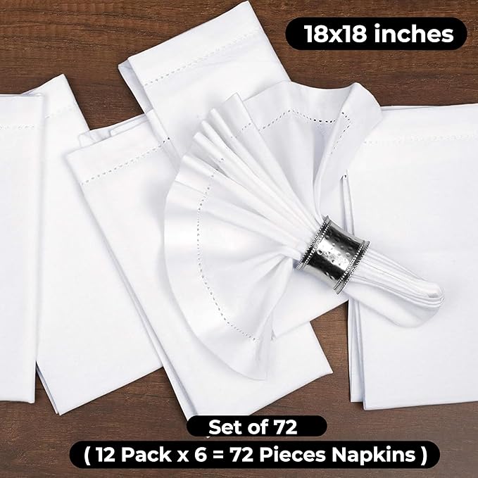 Bedding Craft White Cotton Cloth Dinner Napkins Set of 72 – 18x18 Hemstitched with Mitered Corners – Elegant Machine Washable Fabric Napkins for Weddings, Banquets & Events