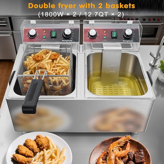 Mvegoiuok Commercial Double Deep Fryer With 2 Basket large deep fryer 3600W Electric Oil Fryer Pot for Home Use 25QT Fish Fryer With Oil Filtration Stainless Steel Frier