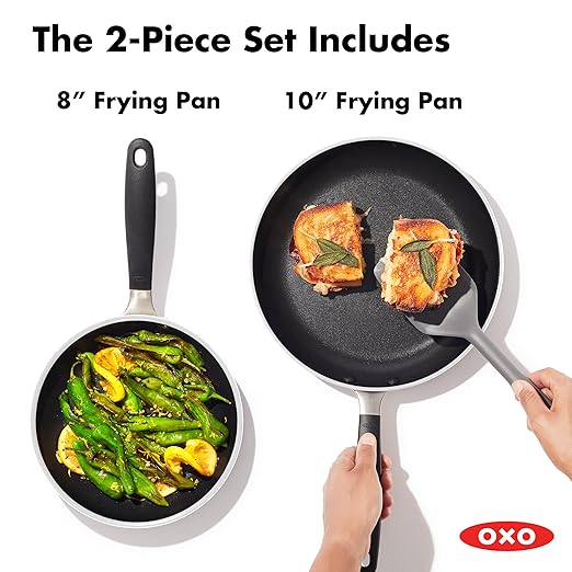 OXO 8” & 10” Non-Stick Every Day Frying Pan Set, BPA-Free Comfort Grip Silicone Handles, Dishwasher & Oven Safe, PFAS-Free Ceramic Skillets, Black