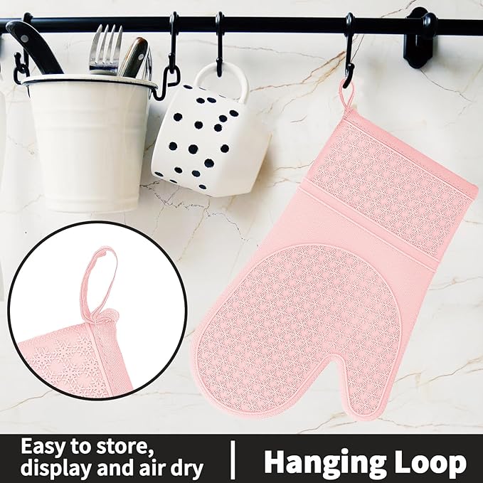 Hovico Silicone Oven Mitts, Heat Resistant 500F Kitchen Mitts 2PCS, 11.6" BPA-Free Soft Baking Gloves, Non-Slip Grip Oven Gloves with Soft Cotton Lining for Kitchen Cooking Baking BBQ - Pink
