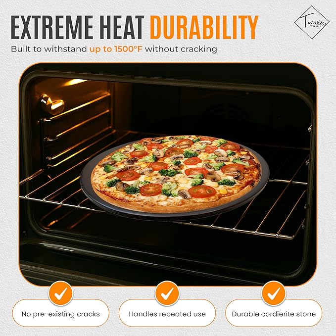 Tenovu Supply 6 Piece Pizza Stone for Oven and Grill with 13" Black Cordierite Stone, Metal Holder/Rack, Stainless Steel Peel, Dough Cutter, Cutter Rocker, and Server - Pizza Oven Accessories