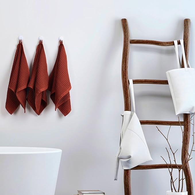 PÜSKÜL Organic Waffle Kitchen Towel 100% Turkish Cotton Set of 3 Red Brick - Premium Quality, Soft, Quick-Dry, Absorbent, Lint-Free Hand Towels 32X16 Inches (3, Brick)