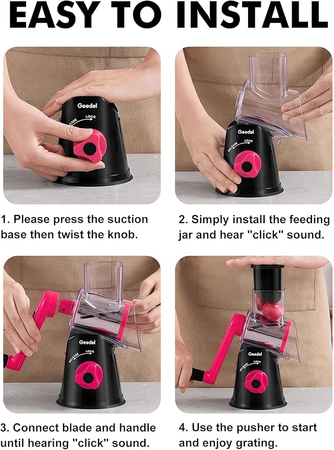 Geedel Rotary Cheese Grater, Kitchen Mandoline Vegetable Slicer with 3 Interchangeable Blades, Easy to Clean Rotary Grater Slicer for Fruit, Vegetables, Nuts