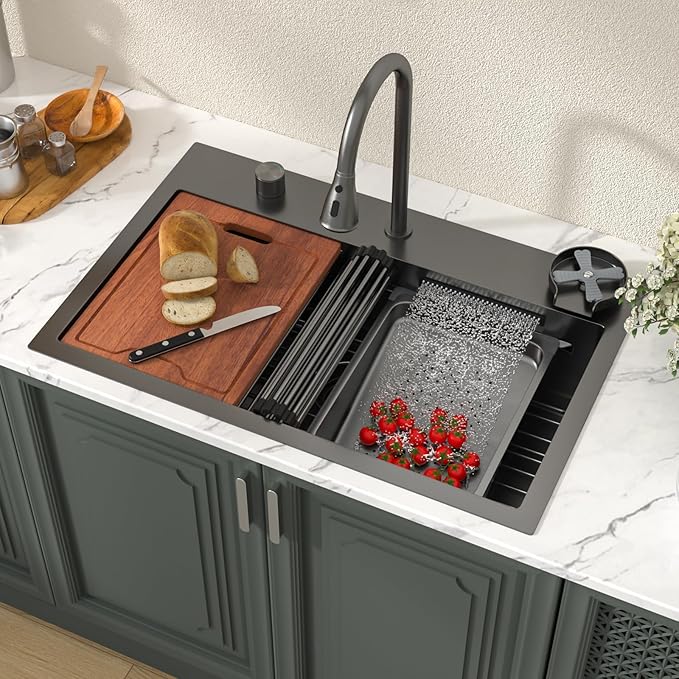 Lordear 31 Black Drop in Waterfall Kitchen Sink -31"x20" Drop In Kitchen Sink Ledge Workstation Gunmetal Black 16 Gauge Single Bowl Topmount Handmade Sinks with Pull Out Faucet