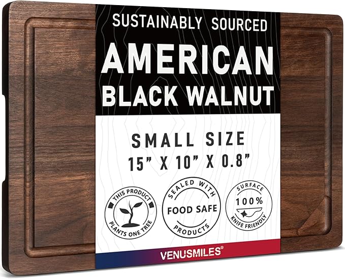 Walnut Wood Cutting Board for Kitchen with Deep Juice Groove & Side Handles, 15”L x 10”W x 0.8”H, Handcrafted North American Black Walnut Wood Grain, Small Chopping Board, Reversible Butcher Block