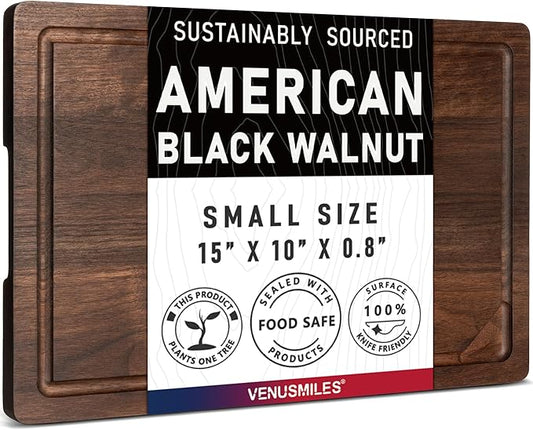 Walnut Wood Cutting Board for Kitchen with Deep Juice Groove & Side Handles, 15”L x 10”W x 0.8”H, Handcrafted North American Black Walnut Wood Grain, Small Chopping Board, Reversible Butcher Block