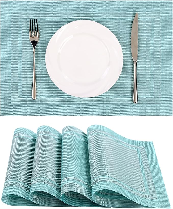 SHACOS Woven Vinyl Placemats Set of 4 Wipe Clean Place Mats for Dining Table Heat Resistant PVC Weave Table Mats Indoor Outdoor (4, Frame Light Turquoise)