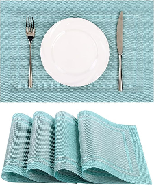 SHACOS Woven Vinyl Placemats Set of 4 Wipe Clean Place Mats for Dining Table Heat Resistant PVC Weave Table Mats Indoor Outdoor (4, Frame Light Turquoise)