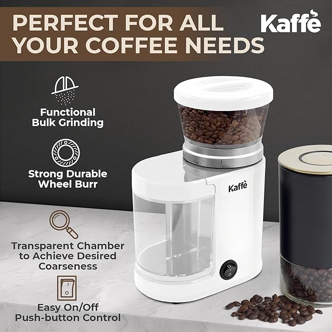 Kaffe Electric Burr Coffee Grinder (5.5oz) w/Adjustable Coarseness Settings - Flat Burr - [New Upgraded Motor ] - Precision Coffee Bean Grinder for Home Use - White