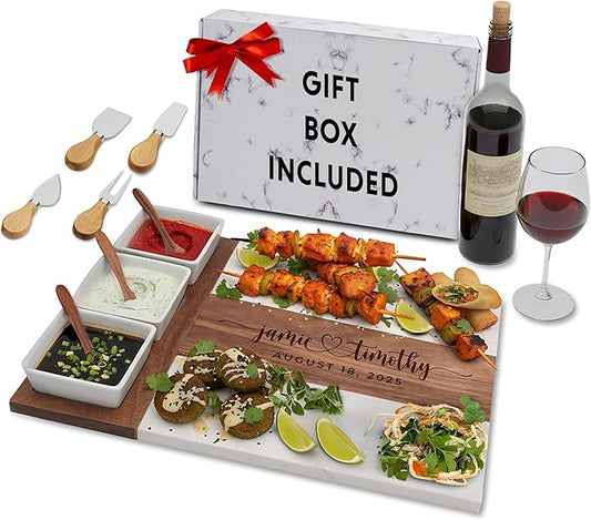 Personalized Marble Wood Charcuterie Board,Custom Laser Engraved Cheese Serving Board with Knife Set, Ceramic Bowls,Wooden Spoons,Cheese Platter,Serving Tray,Cutting Board,Charcuterie Boards Gift Set