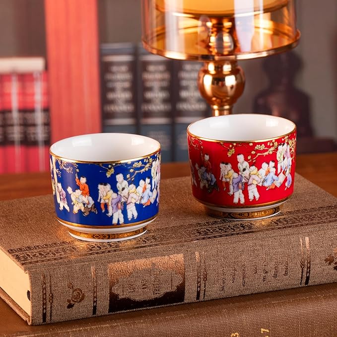 KAMMAK Tea Cups Set of 2, 3.53 Mini Ceramic & Porcelain Tea Mugs - Handleless Vintage, Non-Toxic Handcrafted Cups for Juice, Coffee, Gift(Red+Blue)