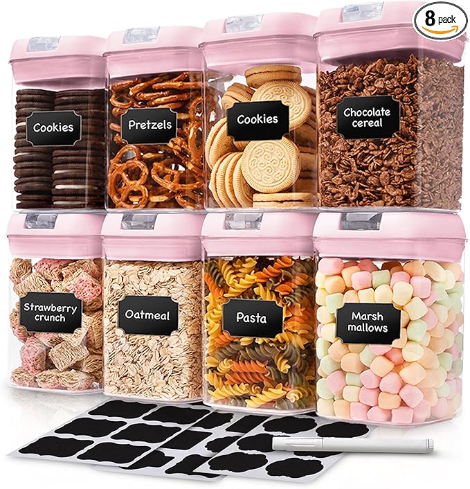 Cheer Collection Airtight Food Storage Containers, Kitchen Storage Containers for Pantry, Set of 8 Food Containers with Lids Airtight, Pantry Storage Containers & Organizers with Lids, Pink