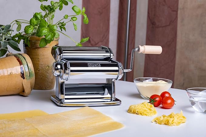 Imperia Pasta Maker Machine- 100% Made in Italy, Heavy Duty Steel Construction, Easy Lock Dial, Wood Grip Handle & Cleaning Brush- Fresh Homemade Italian Spaghetti Fettuccine or Lasagna (Classic Line)