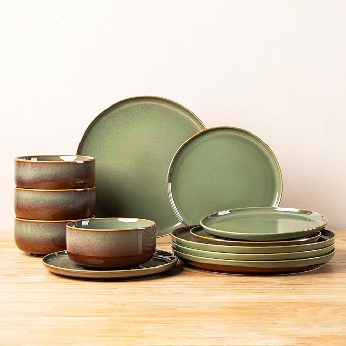 TheTerra Ceramic Dinnerware Sets for 4, 12 Pieces Handmade Reactive Glaze Plates and Bowls Set, Scratch Resistant Dish Set, Oven & Microwave & Dishwasher Safe, Brown Green