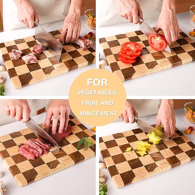 TJ POP End Grain Cutting Board - Heavy Duty Acacia/Rubber Wood For Kitchen, Flippable Serving Board For Meat, Bread & Fruits, Rectangle, 14.5 x 10 x 0.8 Inch