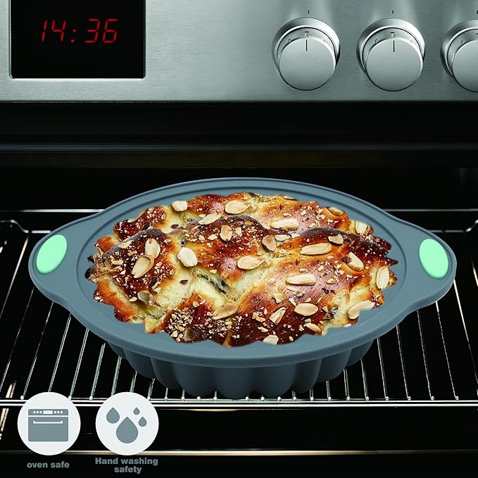 3-Piece Silicone Round Cake Pan Set, Metal-Frame Non-Stick Baking Trays, Jelly Molds, Non-Stick Grooved Cake Molds, Suitable for Breads, Meat Patties, Cakes, 5/7/9 Cups, Light Gray