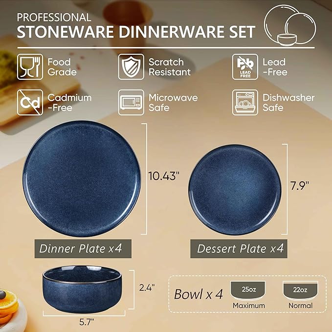 Herogo 12 Pieces Dinnerware Set Stoneware Service for 4, Dinner Plates and Bowls Sets, Double Reactive Glaze Dishes Set for Kitchen, Scratch Resistant, Microwave & Dishwasher Safe, Starry Blue