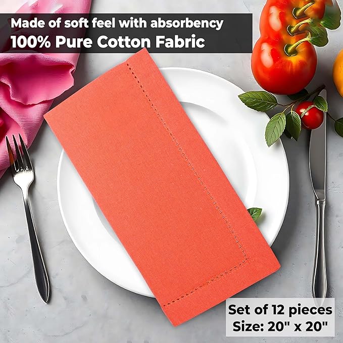 Urban Villa Fall Cloth Napkins Hemstitch Dinner Napkins Orange Color 20''x20'' (Set of 12) 100% Cotton Absorbent Napkins Soft Durable Reusable Washable Ideal for Events Parties Everyday use