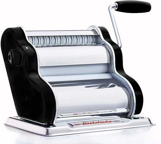 PASTALINDAClassic 200 Pasta Maker Machine, 20 cm Wide Rollers, 9 Thickness Positions, 2 Cutting Positions, Stainless Steel. Includes Reinforced Hand Crank And Two Clamps (Black)