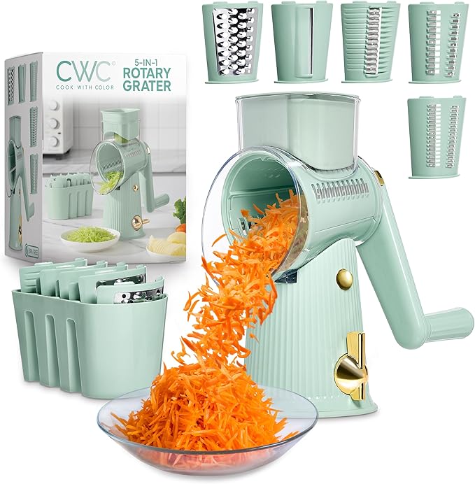 COOK WITH COLOR Rotary Cheese Grater with Handle - Counter Cheese Grater Suction Base with Hand Crank - 5 Blade Cheese Shredder - Easy to Use Manual Vegetable Chopper and Mandolin