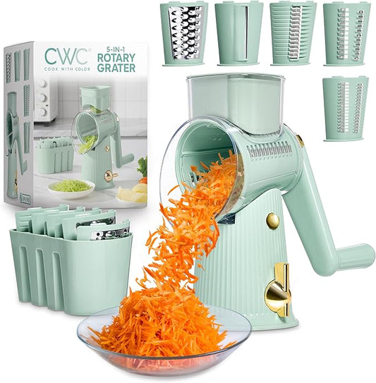 COOK WITH COLOR Rotary Cheese Grater with Handle - Counter Cheese Grater Suction Base with Hand Crank - 5 Blade Cheese Shredder - Easy to Use Manual Vegetable Chopper and Mandolin