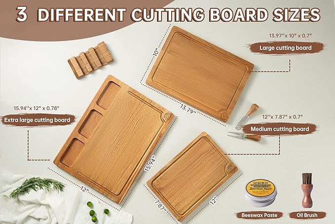Acacia Wood Cutting Board Set,Thick Wooden Cutting Board for Kitchen with Holder,Chopping Board with Deep Grooves&Built-in Handles, Wooden Charcuterie Board Trays for Meat,Fruit,Cheese