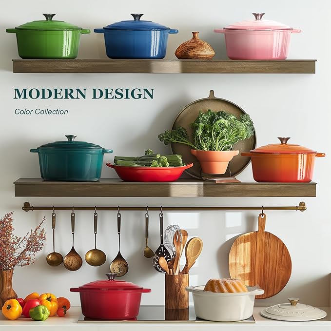 Overmont Enameled Cast Iron Dutch Oven - 7QT Pot with Lid Cookbook & Cotton Potholders - Heavy-Duty Cookware for Braising, Stews, Roasting, Bread Baking bottle green