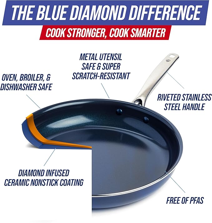 Blue Diamond 14" Nonstick Frying Pan Skillet, Diamond Infused PFAS & PTFE-Free Ceramic Pot, Dishwasher & Oven Safe, Stay Cool Handle, Durable Non Toxic Metal Utensil Safe, Family Jumbo Pan, Blue