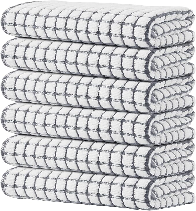 Kitinjoy Cotton 6 Pack Terry Kitchen Towels, 16 x 25 Inches Super Soft and Absorbent Dish Towels, Quick Drying Hand Towels for Kitchen Drying, Grey