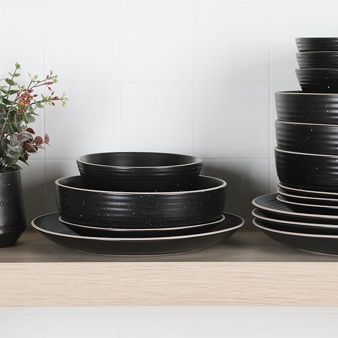 Gibson Home Dinah 16 Piece Double Bowl Stoneware Embossed Speckled Dinnerware Set - Matte Black
