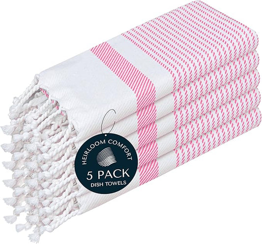 Pink Turkish Kitchen Towels 16x26 Inch, 5 Pack, 100% Cotton, Ultra Absorbent, Soft, Fast Dry, Machine Washable, Dish Towel with Tassels for Drying Dishes, Cleaning, Everyday Use
