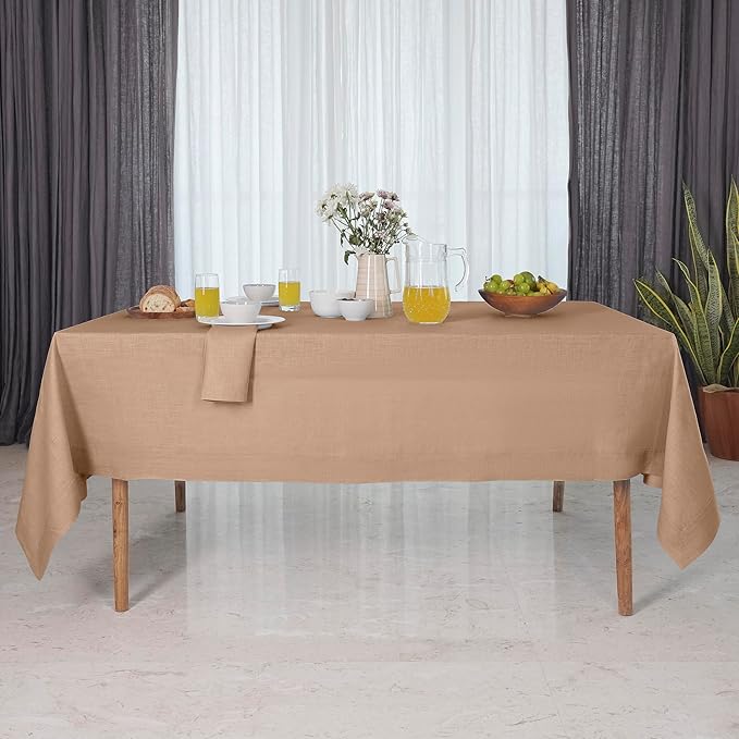 D'Moksha Homes Linen Tablecloth for Rectangle Tables 60 x 156 Inch - 100% Pure Linen Champagne Beige Tablecloth - Machine Washable Table Cloth for Fall, Autumn and Halloween