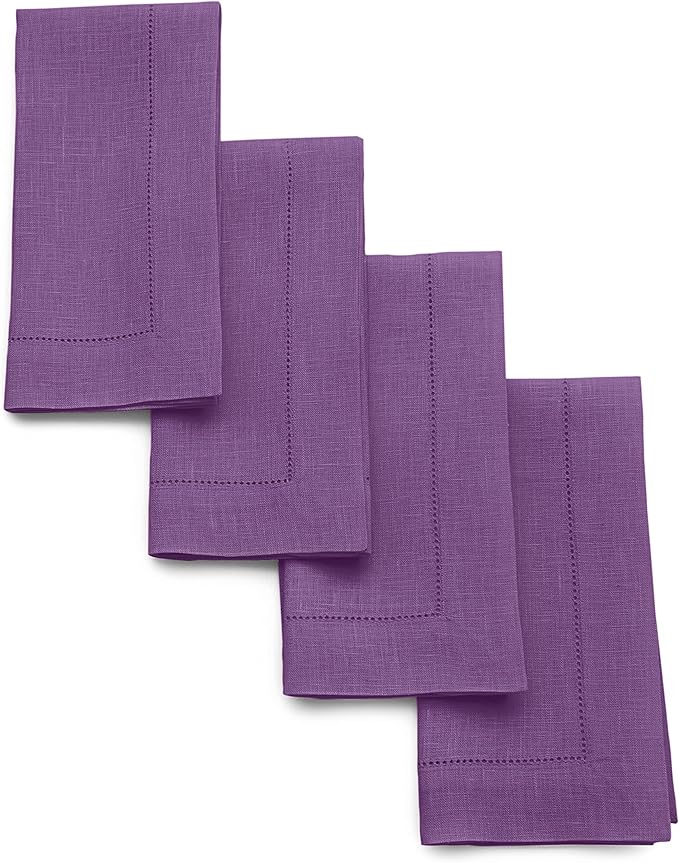 Solino Home Purple Linen Napkins Set of 4-100% Pure Linen Hemstitch Dinner Napkins 20 x 20 Inch for Fall, Autumn, Winter, Thanksgiving, Holiday, Christmas - Classic Hemstitch