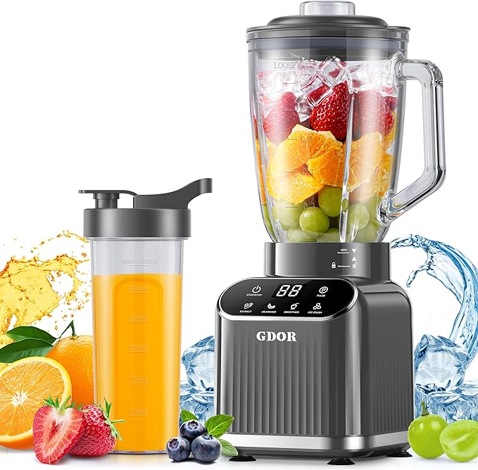 GDOR Professional Blender for Smoothies, 5 Functions, 1200 Peak Watts Smoothie Blender, 52 Oz Glass Jar & 24 Oz To-Go Cup Combo, Blenders for Smoothies, Ice and Frozen Fruit, Self-Cleaning, Gray