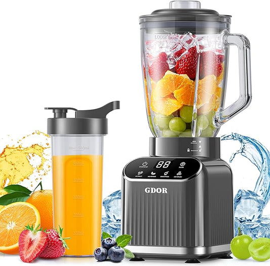 GDOR Professional Blender for Smoothies, 5 Functions, 1200 Peak Watts Smoothie Blender, 52 Oz Glass Jar & 24 Oz To-Go Cup Combo, Blenders for Smoothies, Ice and Frozen Fruit, Self-Cleaning, Gray