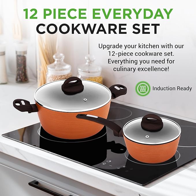 NutriChef Professional 12-Piece Brown Nonstick Cookware - PFOA/PFOS-Free, Heat Resistant Lacquer, Elegant Design, Multi-Sized Pots and Pans